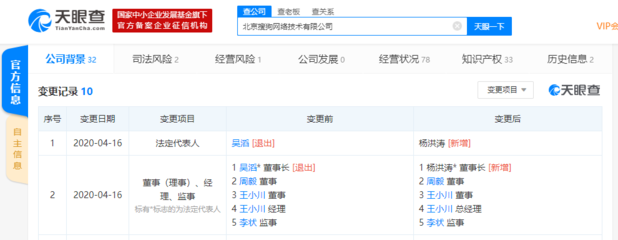吳滔卸任法人及董事長職務(wù)，旗下公司工商變更完成